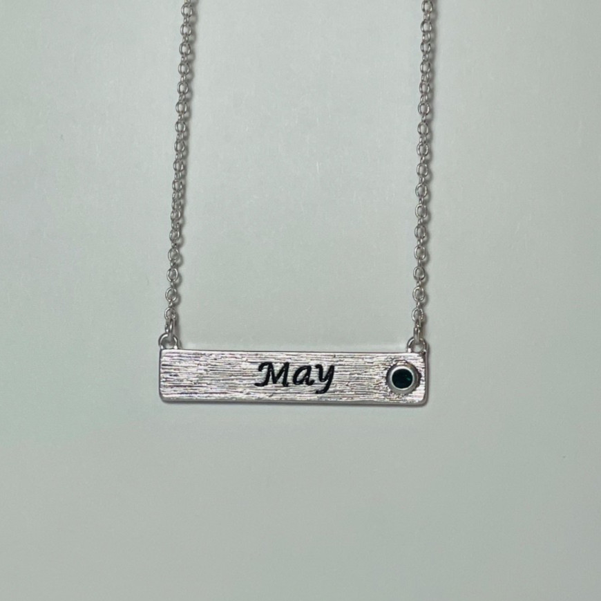 Personalized May Birthstone Necklace Bar Pendant Dainty Silver Plated