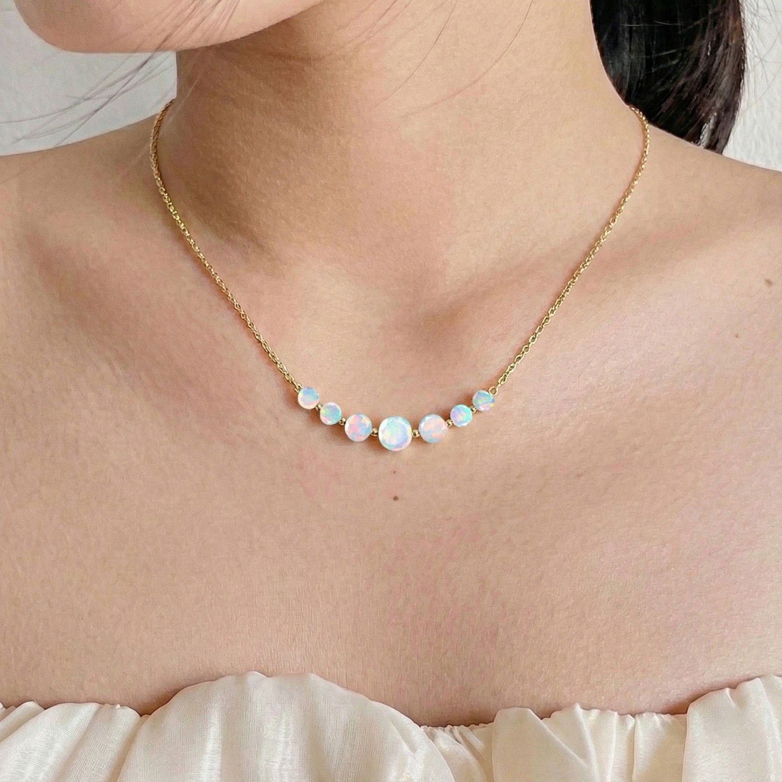White Fire Opal Gemstone Bar Necklace, AAA White Opal Gemstone Chain Pendant