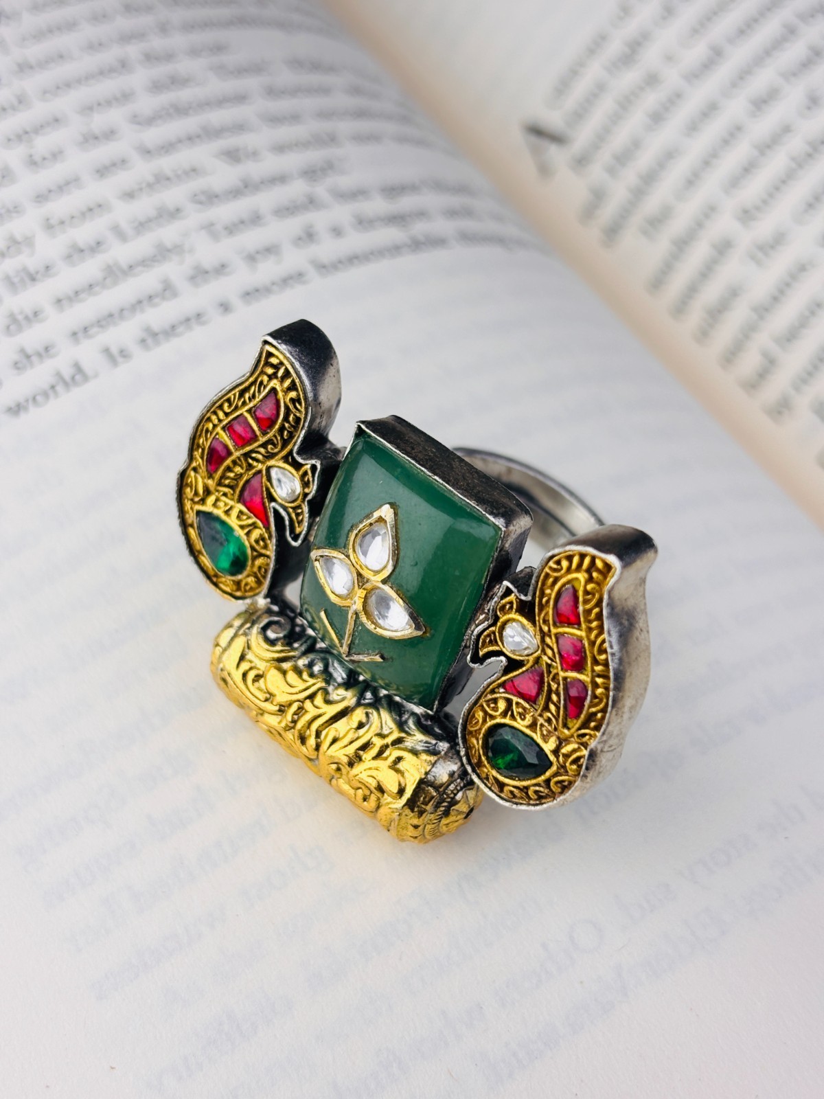 925 Silver Adjustable Paisley Ring Green Red CZ Two-Tone Statement For Women