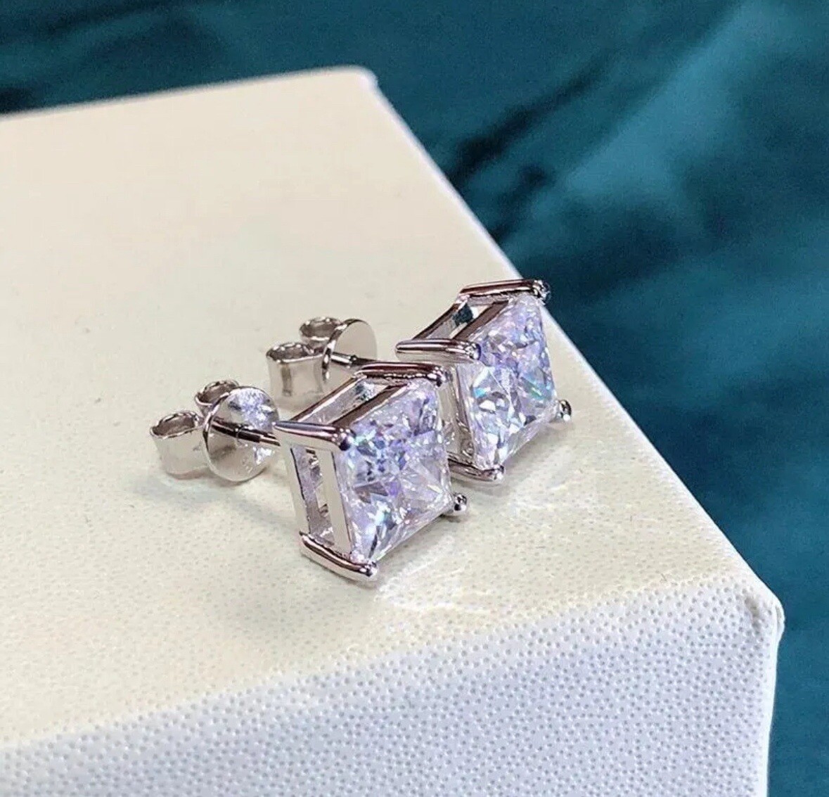 2 Ct Princess Cut VVS1/D Lab Created Stud Earrings 14k White Gold 6mm Push Back