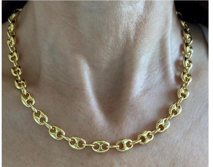 14k yellow Gold Plated Puffy Puffed Anchor Mariner Link Chain Necklace