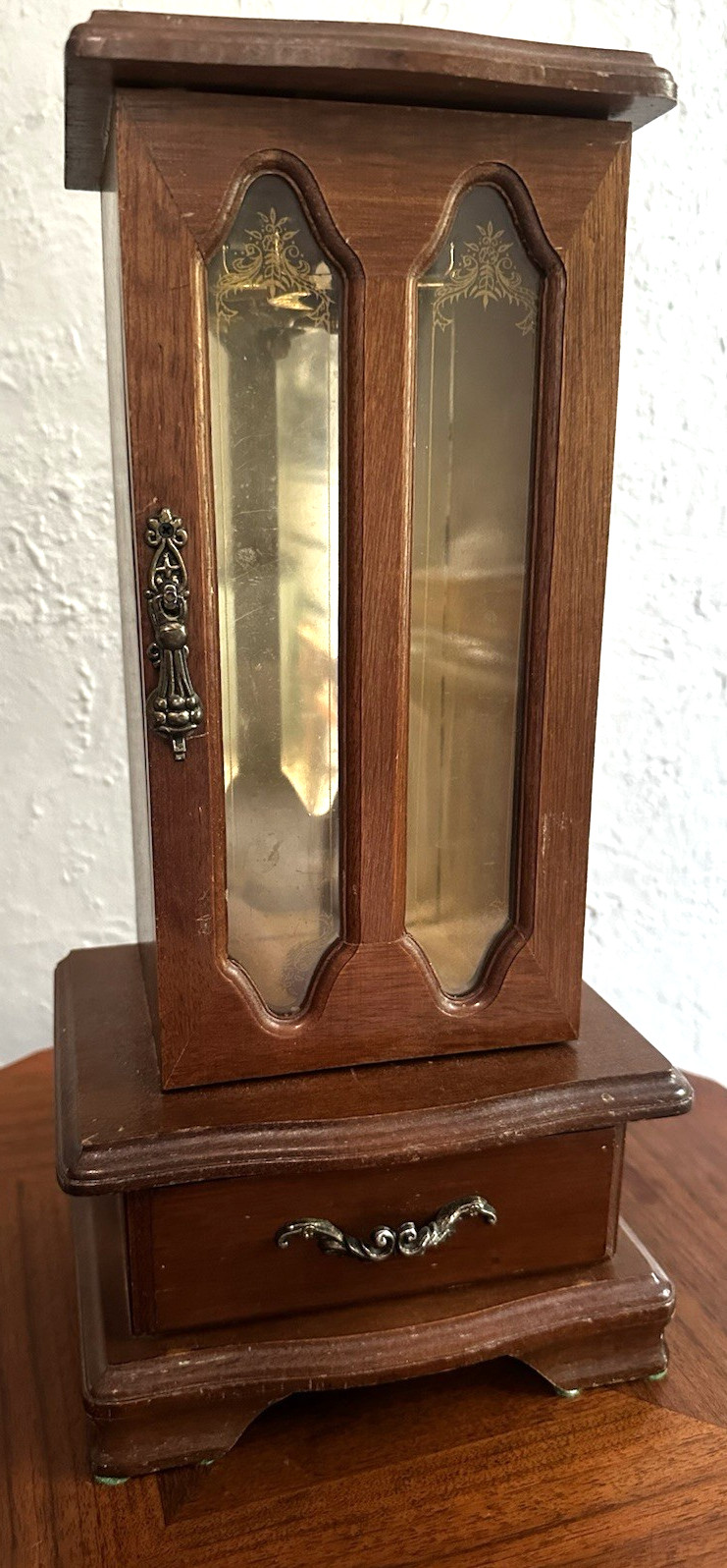 Vintage London Leather Wooden Jewelry Armoire Rotating Necklace Cabinet Mirror