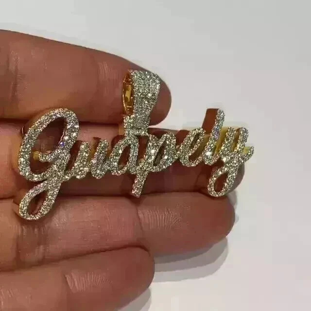 3.00 Ct Round Cut Real Moissanite Customize Name Pendant 14K Yellow Gold Plated