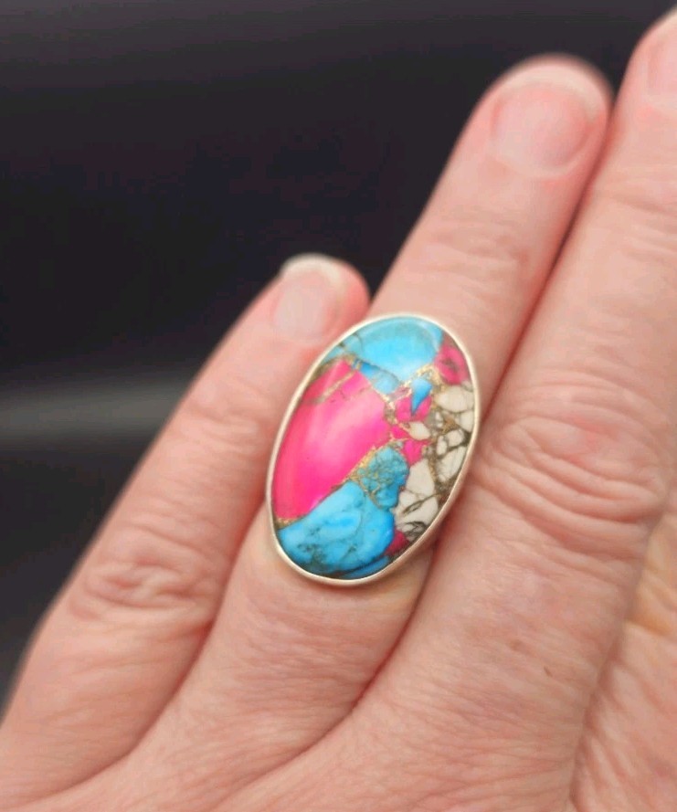 Cotton Candy Turquoise Sterling Silver Ring Size 7 Oval Pink Blue White 925