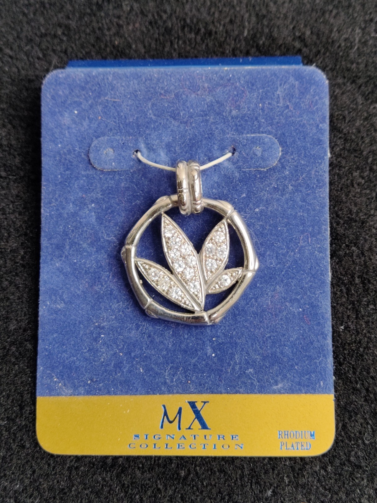 MX Signature Rhodium Plated Bamboo Circle Lotus Flower Pendant Pave CZ Stones