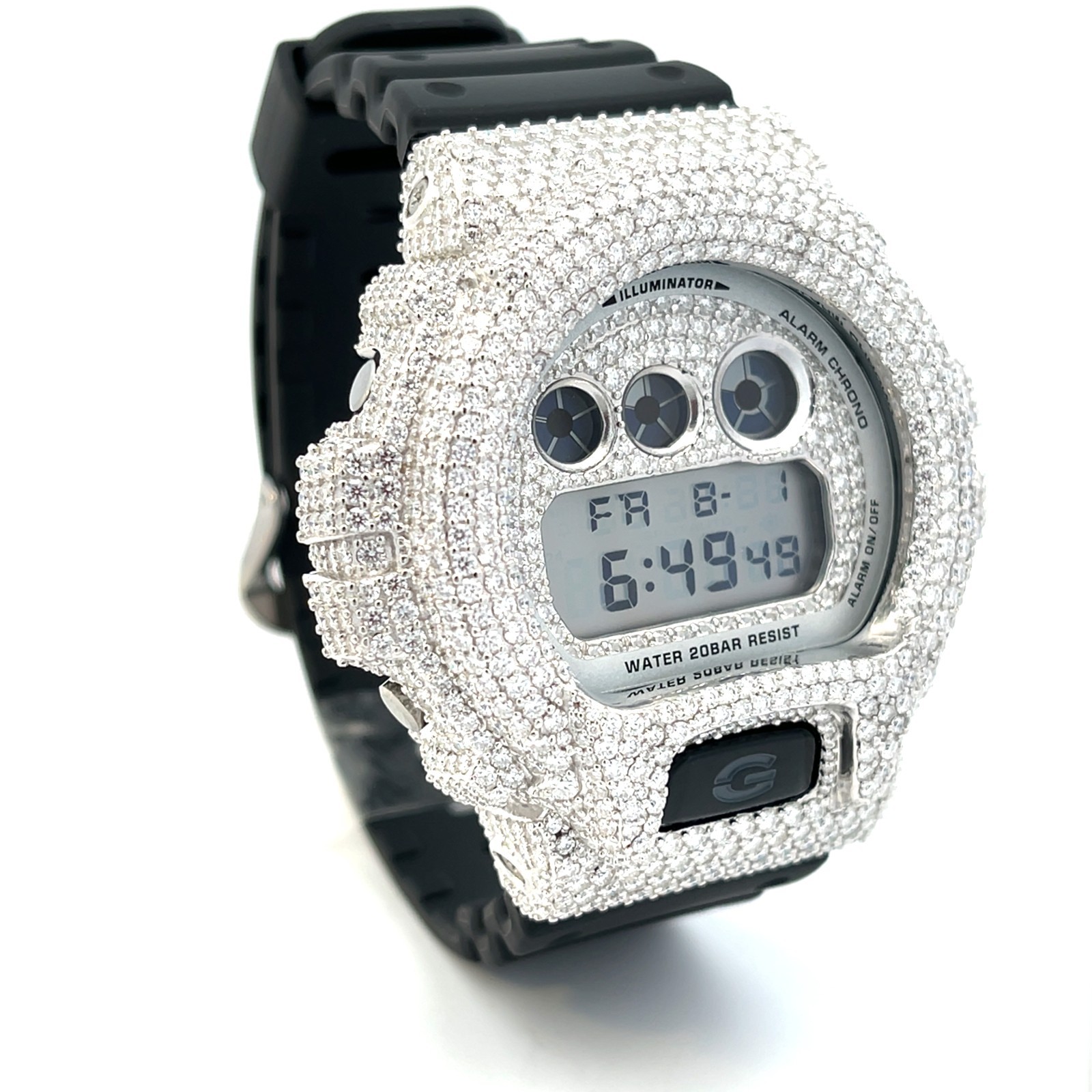 Moissanite Fully Iced Out G-SHOCK DW-6900 – D Color, Flawless Clarity