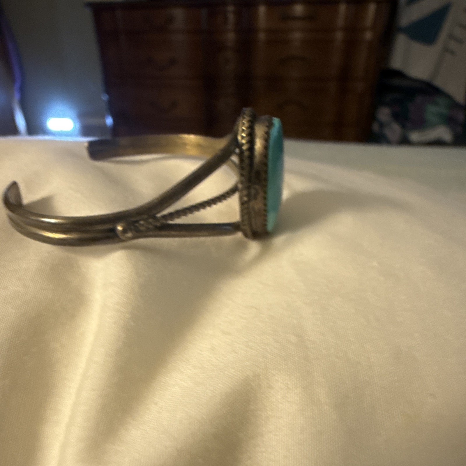 Silver Tone Turquoise Oval Bezel Cuff Bracelet, Unisex Adults