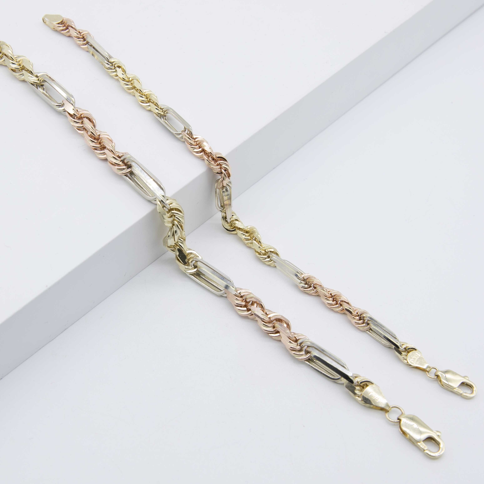 Milano Figaro Rope Chain Bracelet Real 14K Tricolor Gold All Sizes
