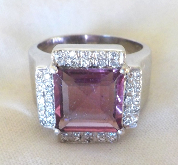 Modern 18K White Gold Pink Tourmaline Diamond Ring – 12.0 gms, Sz 8, 4.0 ctw