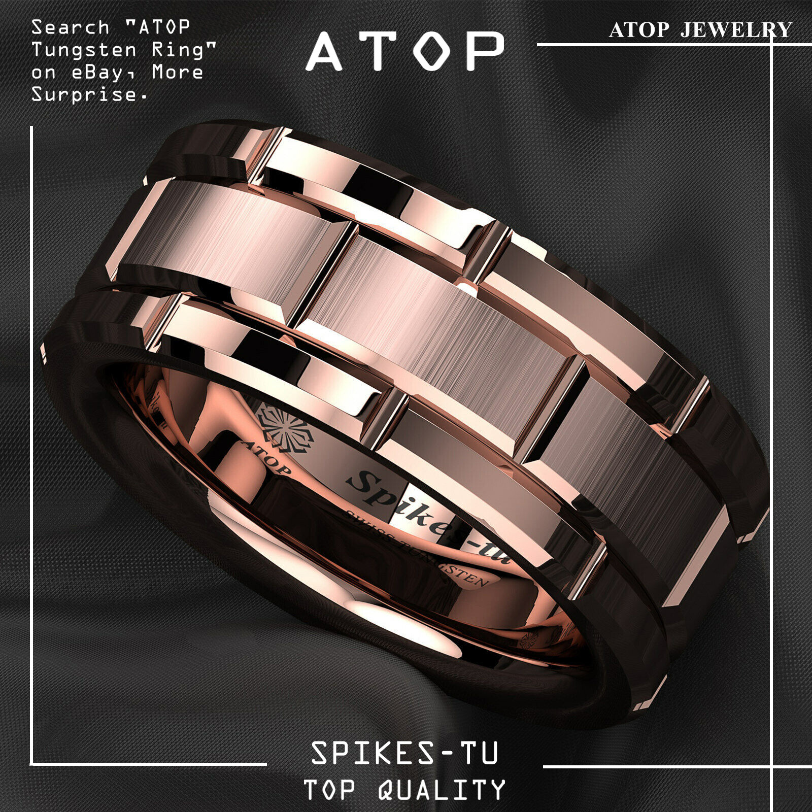 8mm Rose Gold Men Tungsten Carbide Ring Bushed Plated Metal ATOP Wedding Band