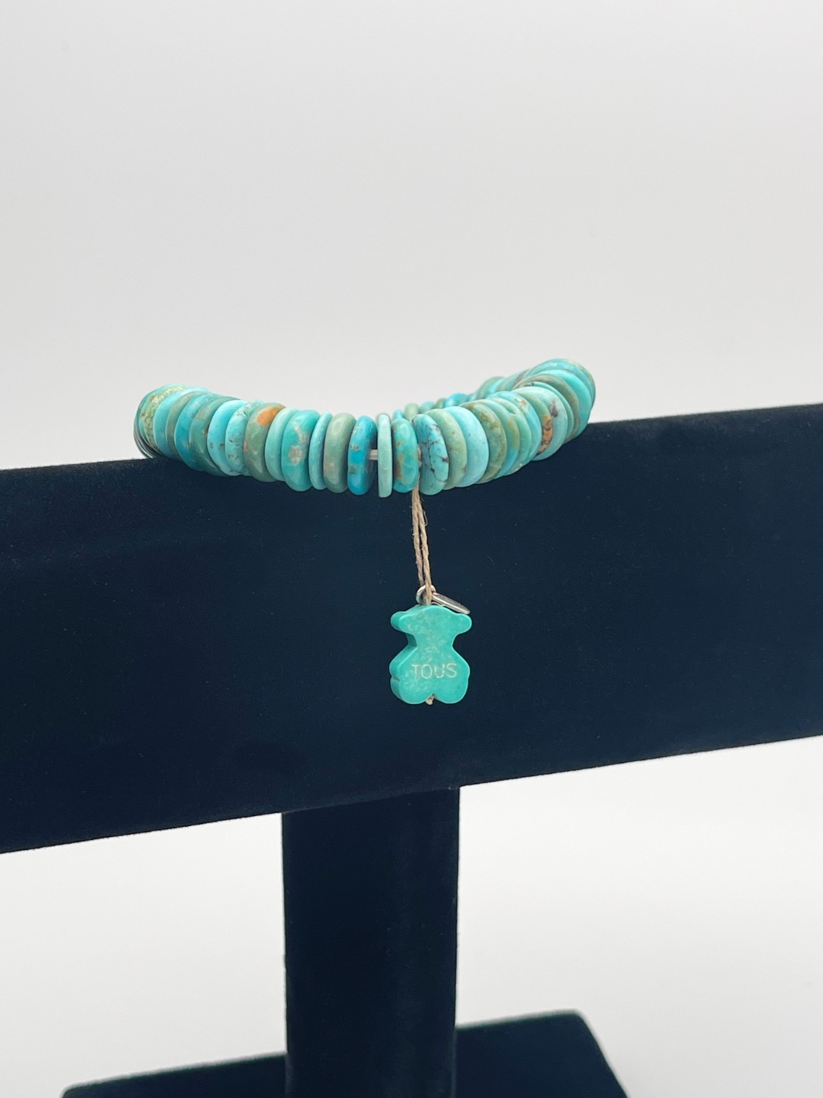 TOUS turquoise gemstone disk stretch bracelet with dangling turquoise charm bear