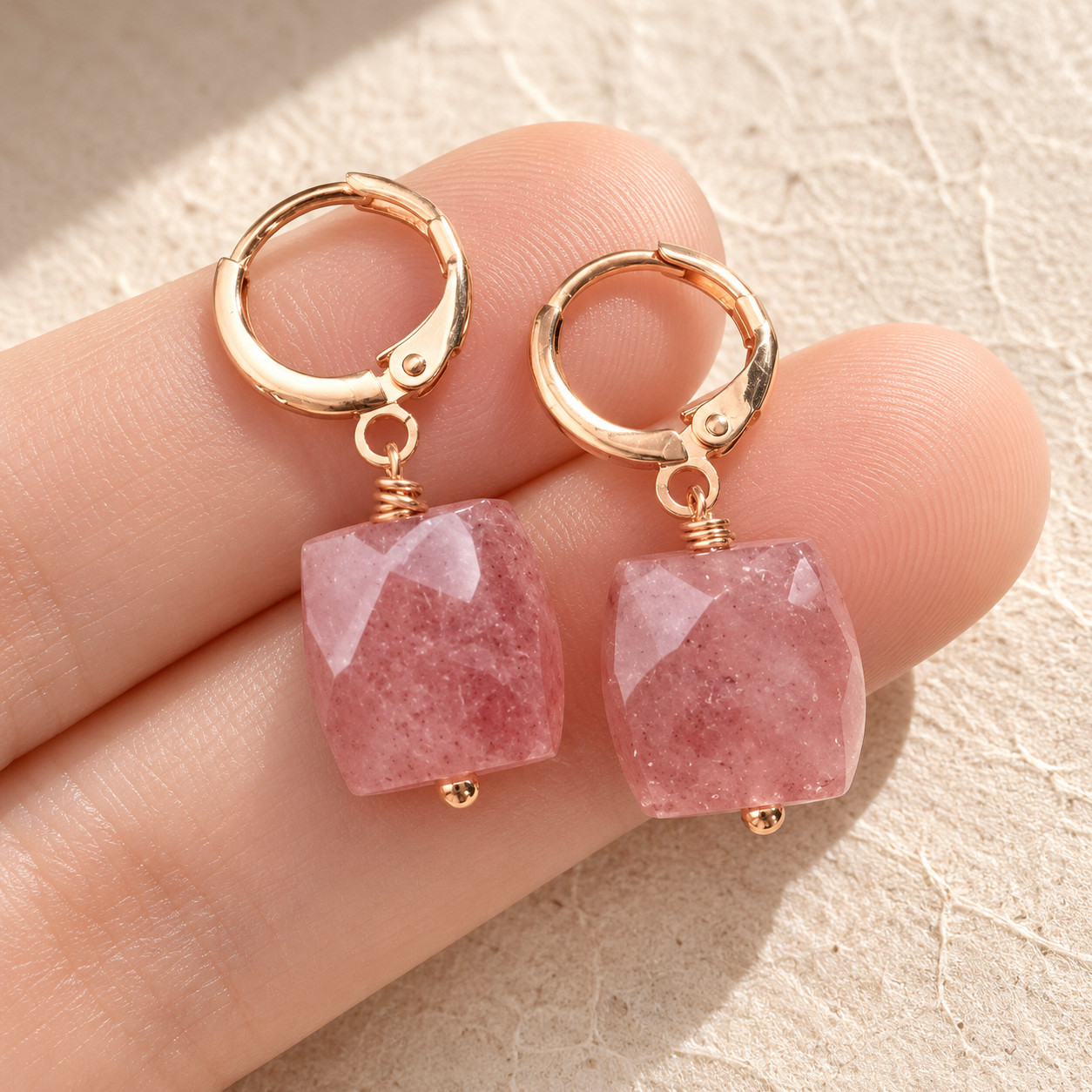 Natural Strawberry Quartz Cube Drop Earrings | 18K Gold Plated | Love & Vitality