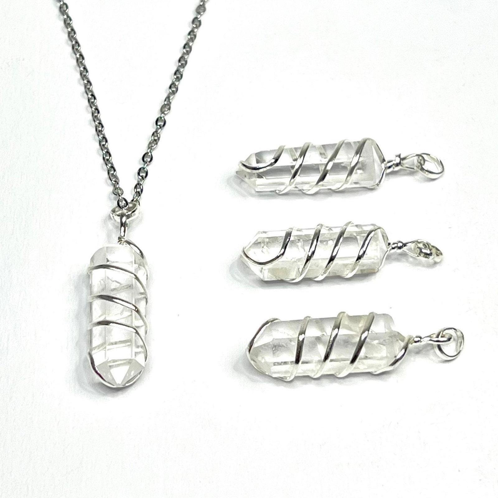Clear Quartz Crystal Wire Wrapped Gemstone Pendant with Free Chain – CW