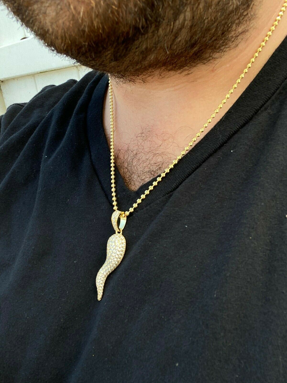 Real 925 Silver/14k Gold Plated Cornicello Italian Horn Pendant Necklace Iced CZ