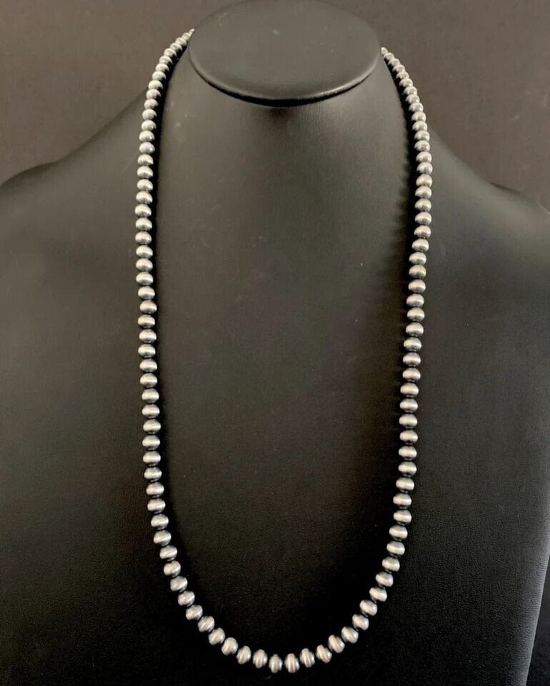 7mm 30 Inch 925 Sterling Silver Oxidized Pearls Bead Necklace Southwestern