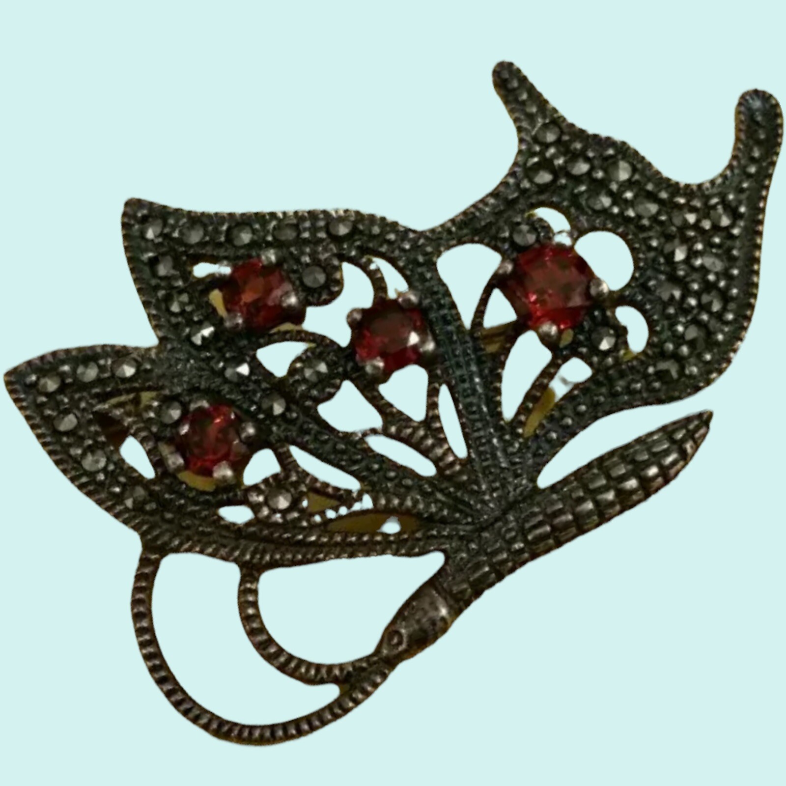 Antique Sterling silver 925 marcasite butterfly pin/brooch with garnet 5.3 gram