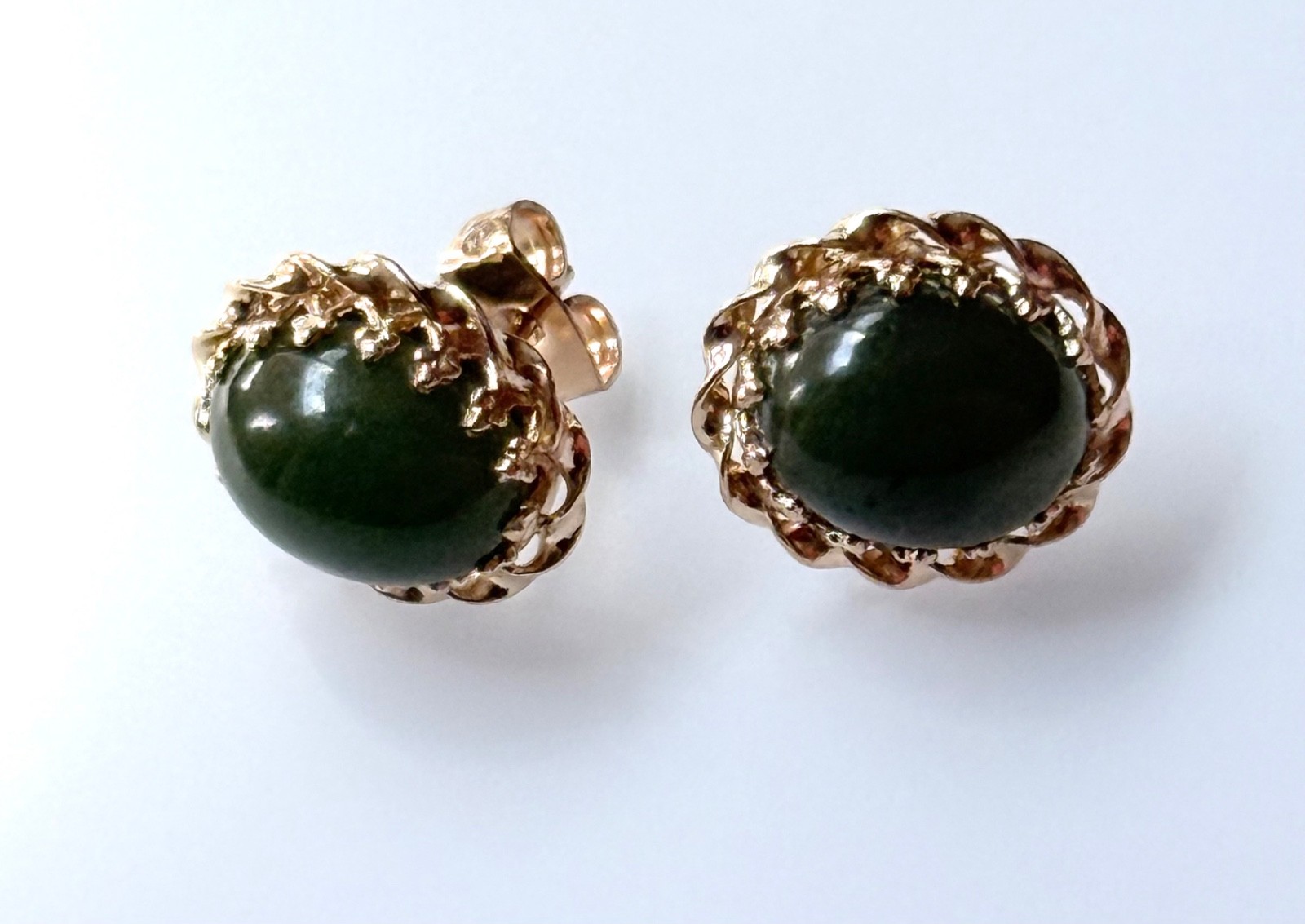 Vtg Stud Green Cabochons Earrings set in 14K Gold Intricate Twisted Prong Set…