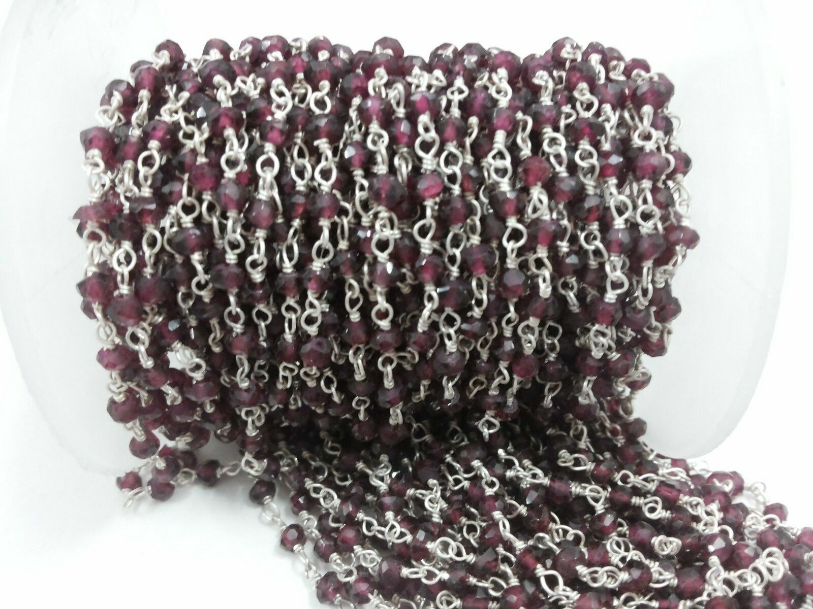 3-10 Feet Natural Garnet Rondelle Faceted 4-4.5mm Beads, Silver Rosary Chain G1