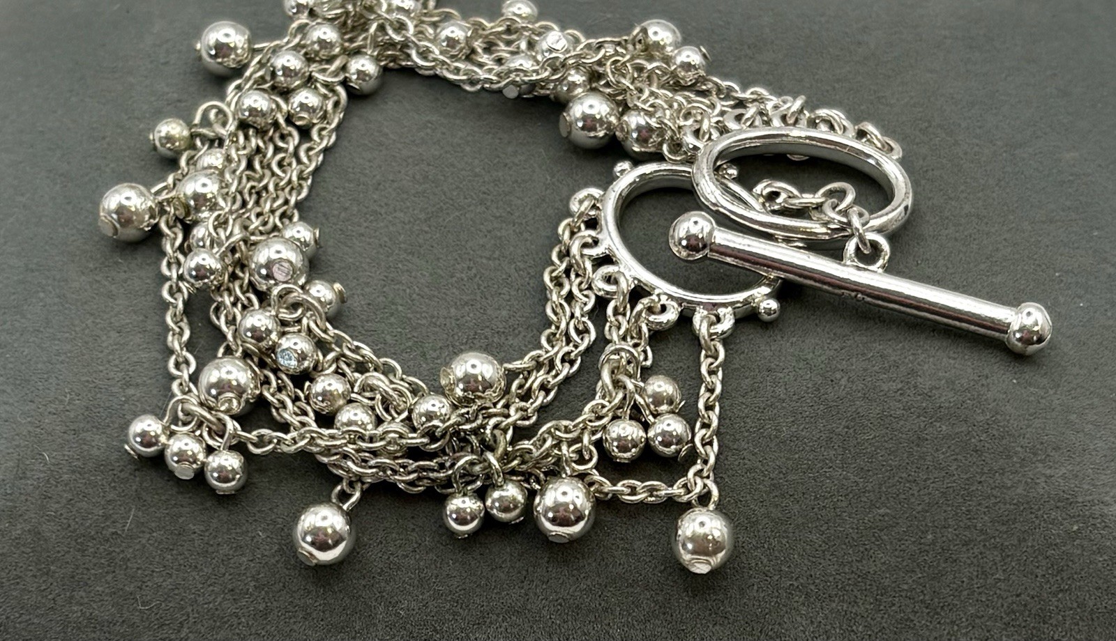 Ralph Lauren Silver Tone Multi Strand Ball Charm Toggle Bracelet 7.5” Signed RL