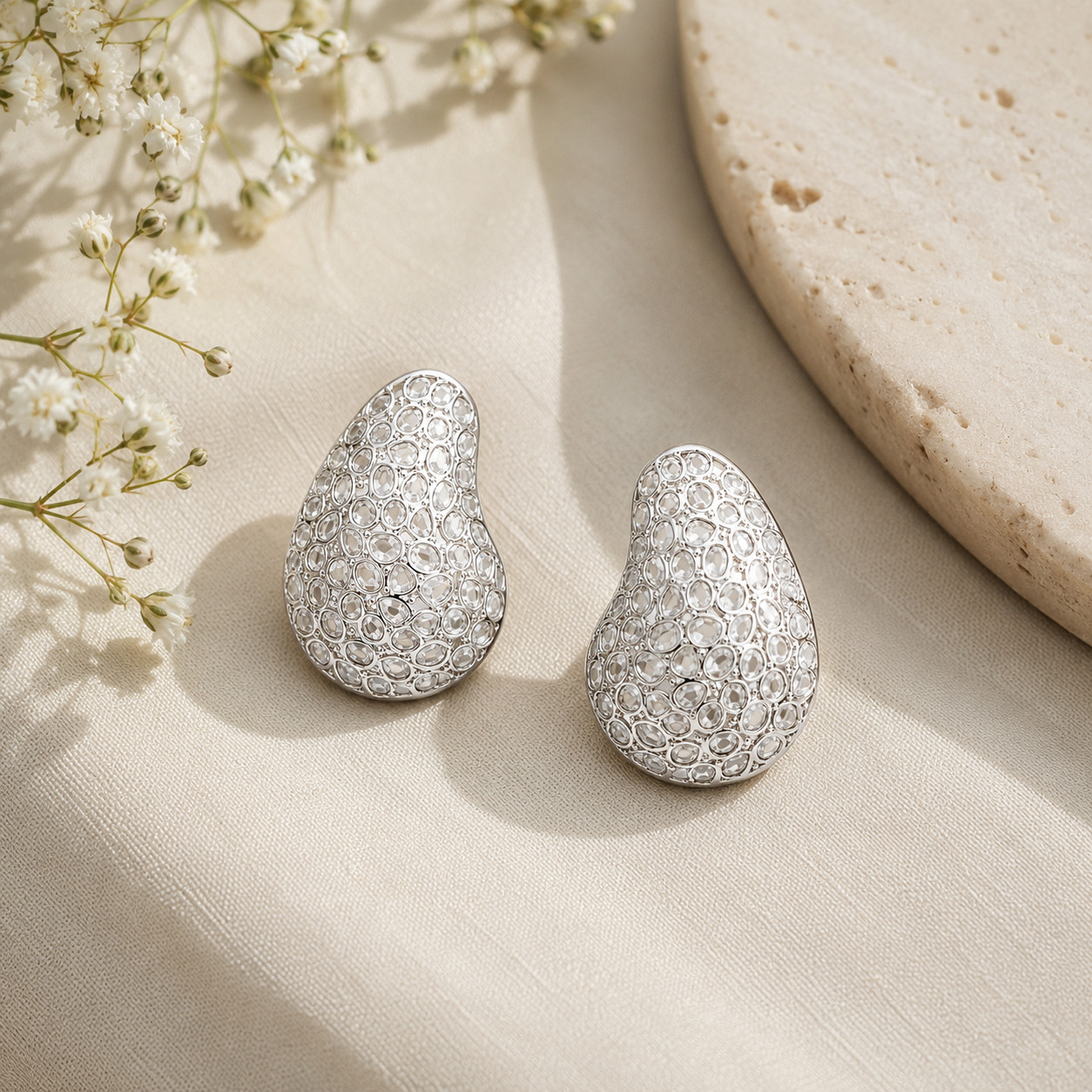 Natural Polki Stud Earrings 925 Sterling Silver Pear Bridal Statement Handmade