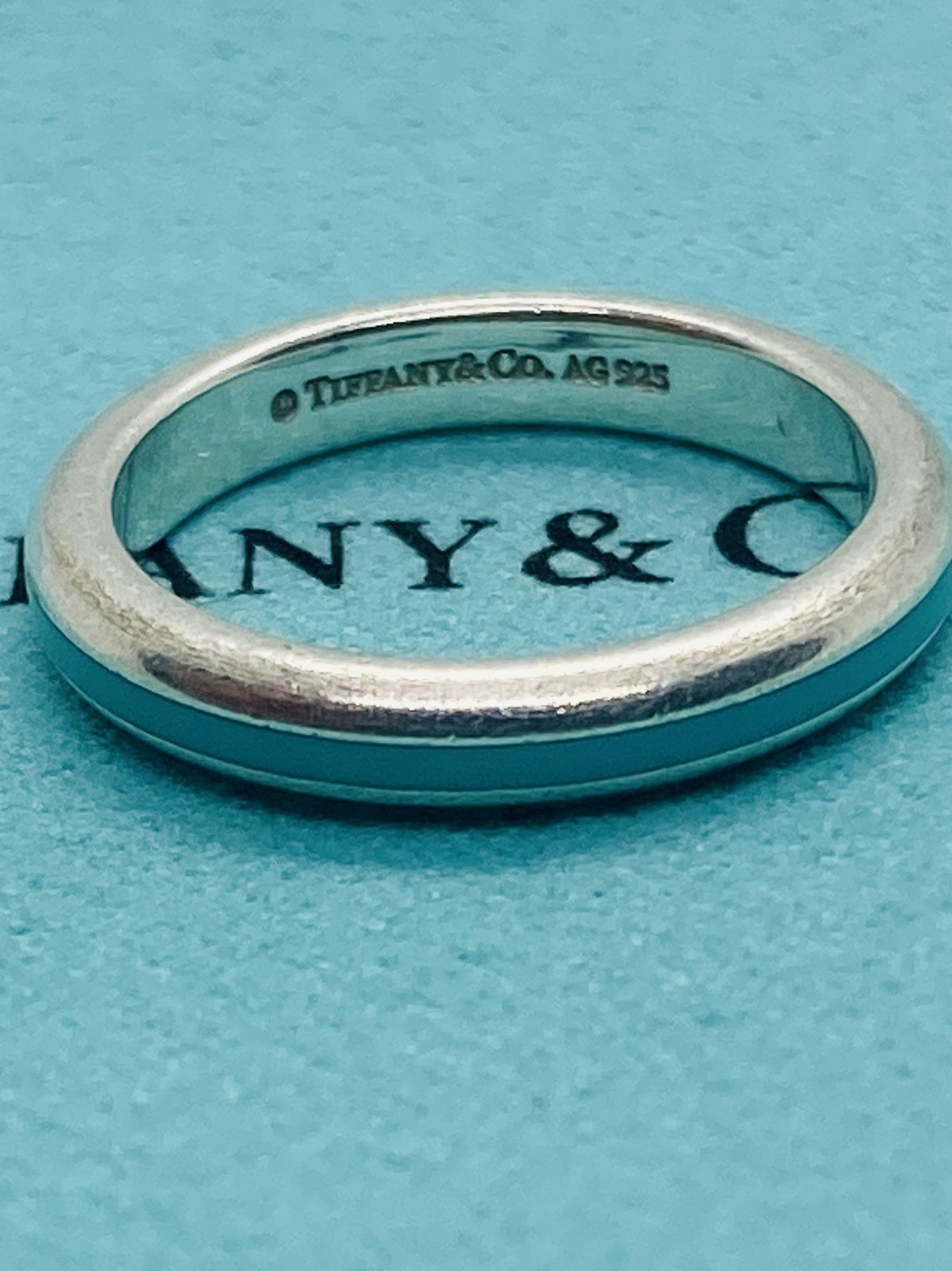 Tiffany & Co Sterling Silver 925 Blue Enamel Stripe Band Size 4.25