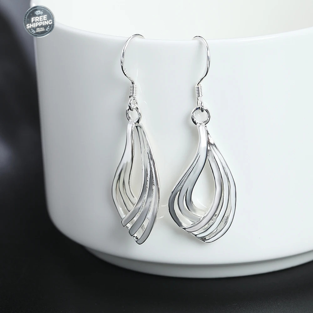 2Pair Womens 925 Sterling Solid Silver Polished Long Drop Dangle Charm Earrings