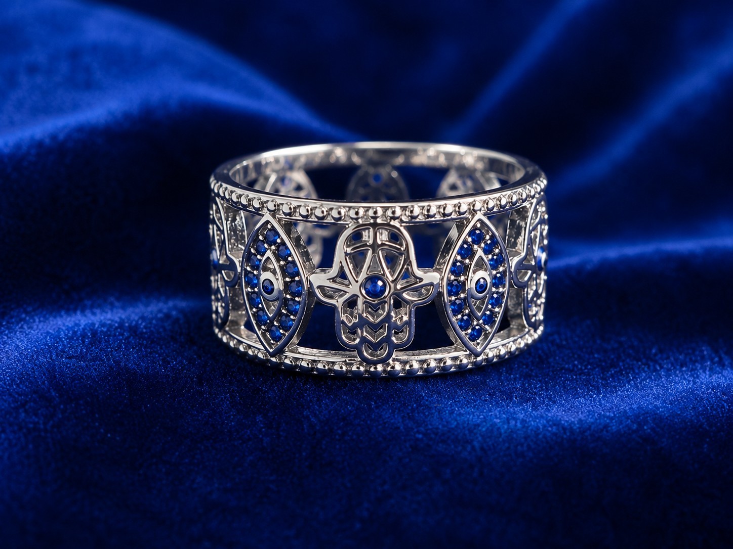 Silver Tone Wide Band Ring Blue Round zircon Hamsa Evil Eye Size 7(N1/2)