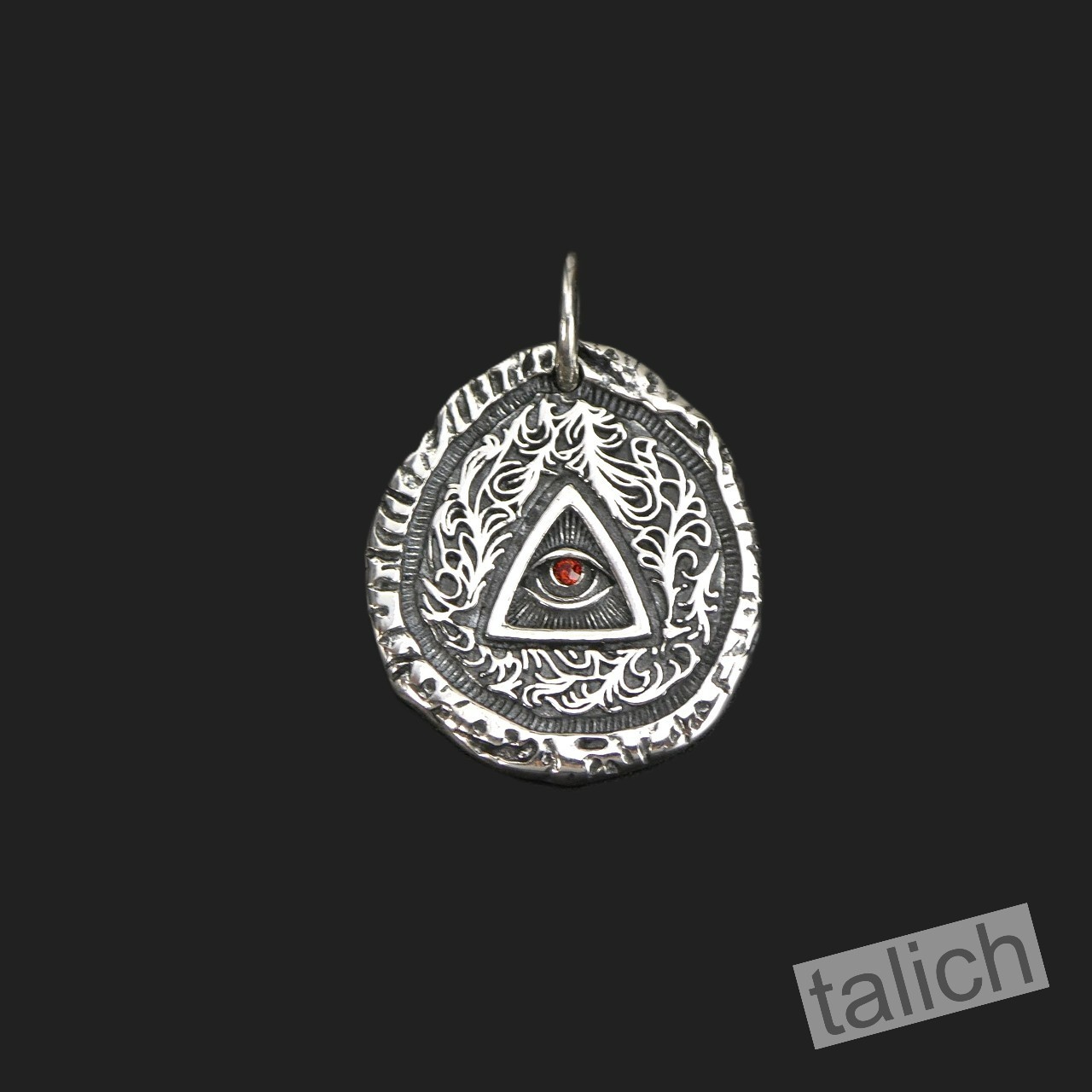 925 Sterling Silver Ornate Scrolls Red CZ All Seeing Eye Charm Amulet Pendant