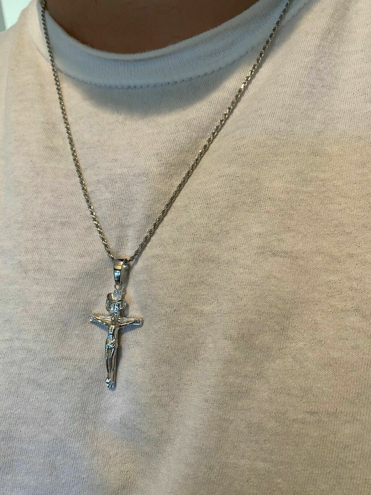 Real Solid 925 Sterling Silver Mens Cross Jesus Piece Crucifix Pendant Necklace