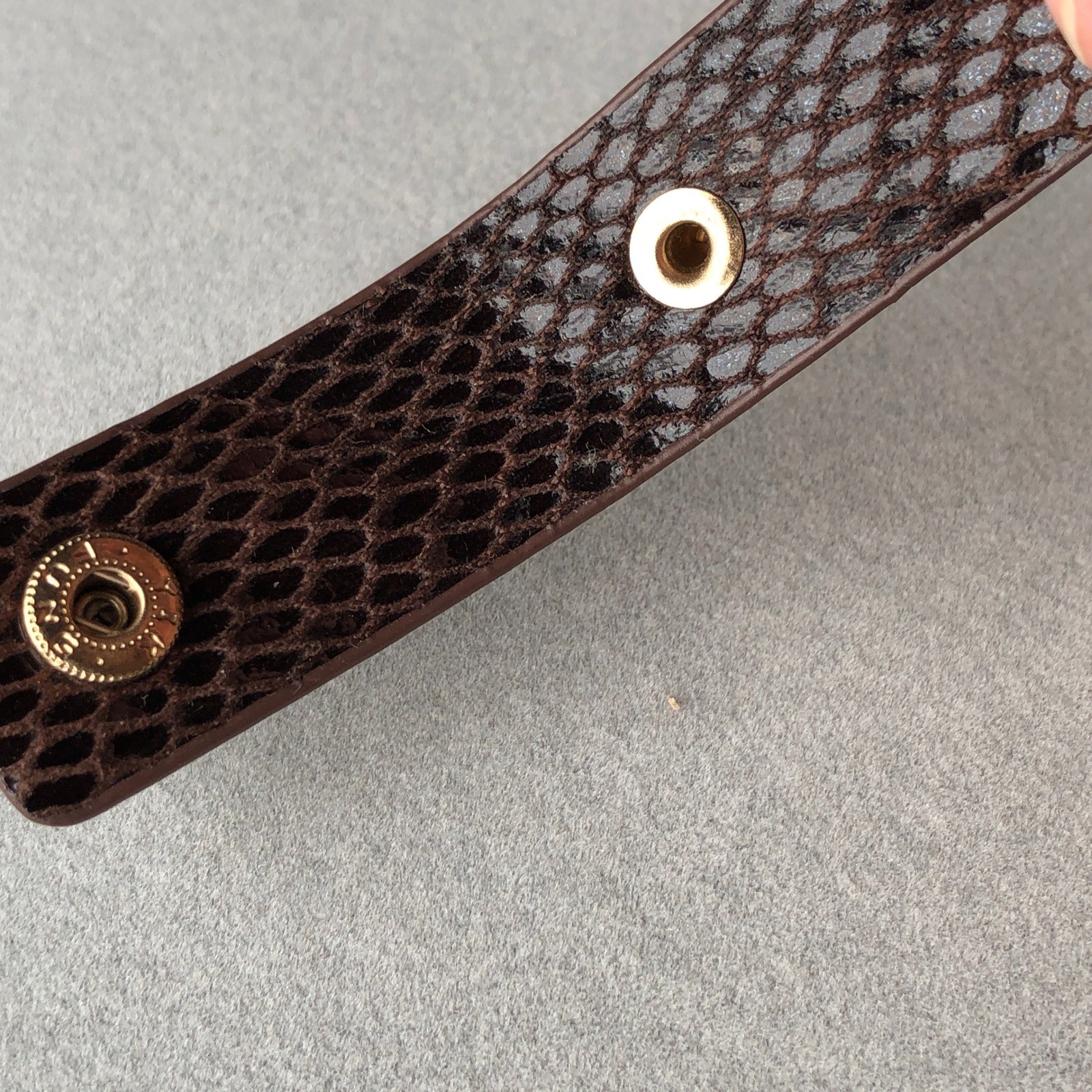 Wide Cuff Bracelet Brown Faux Snakeskin Leather Rhinestones Gold Tone Stud Snaps