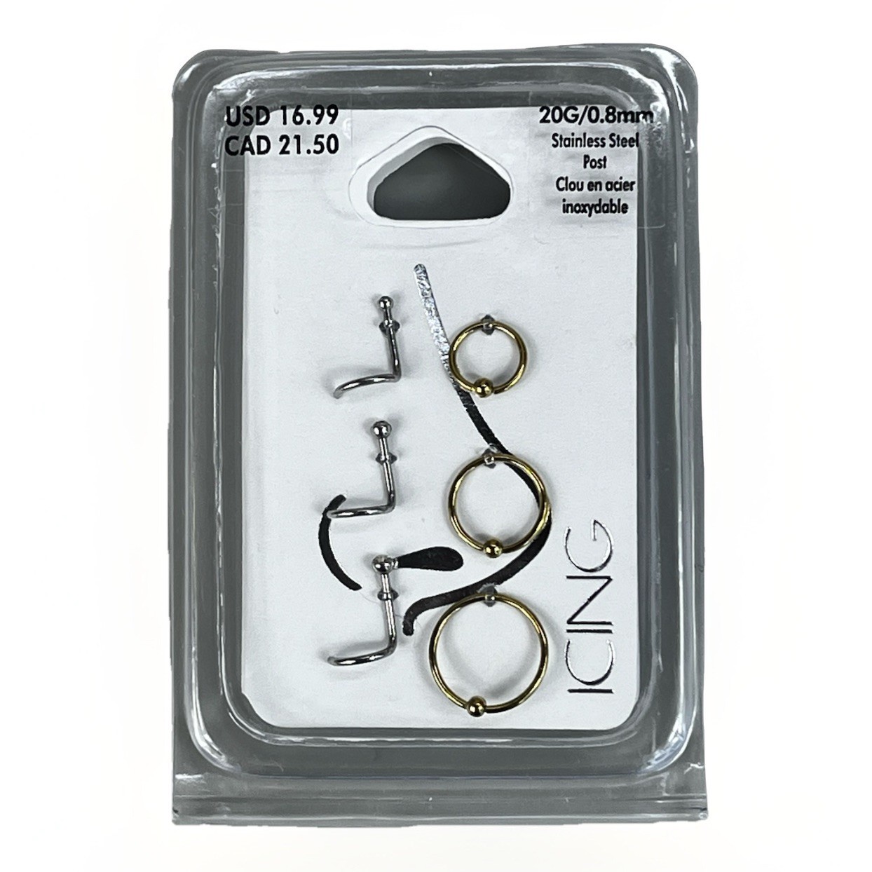ICING Nose Rings Set of Six/ 3 Hoops, 3 Studs Color Silver/ Gold- 20G/0.8mm NWT!