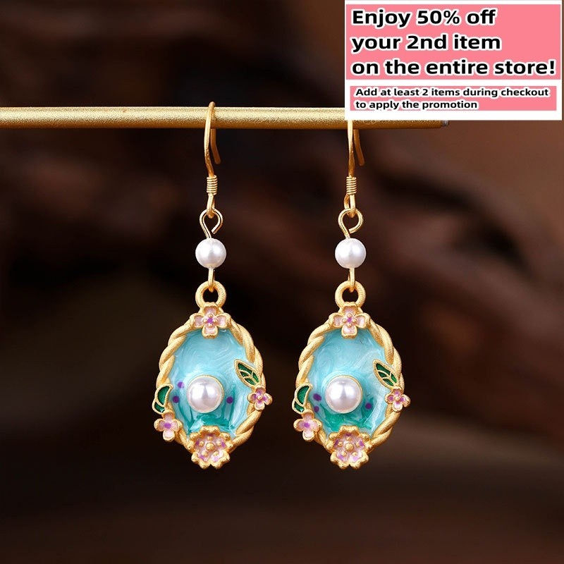 Pearl Flower Earrings 18K Gold Plated Drop Dangle Monet Garden Paint Style