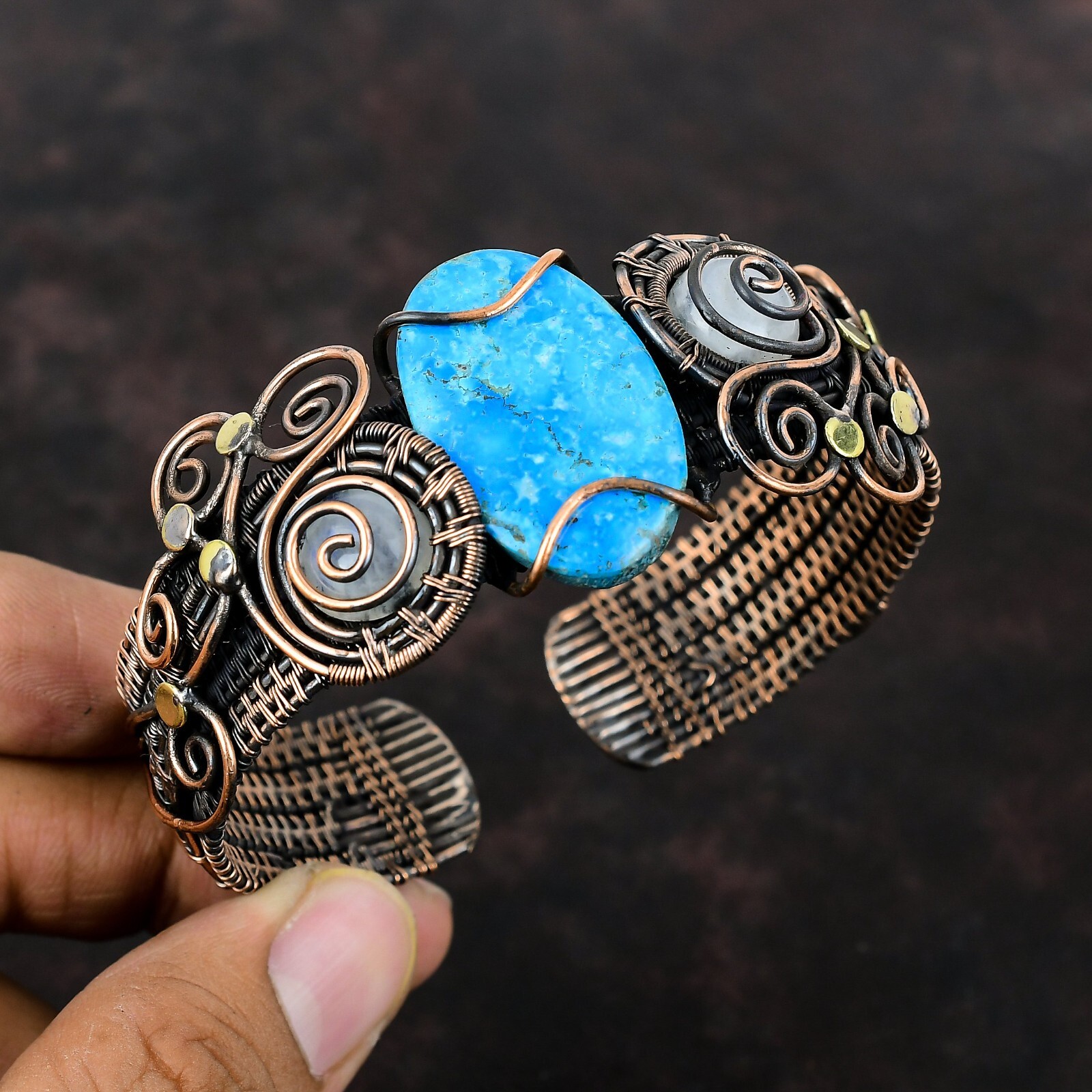 Arizona Turquoise Copper Gift For Bridesmaid Wire Wrapped Adjustable Cuff