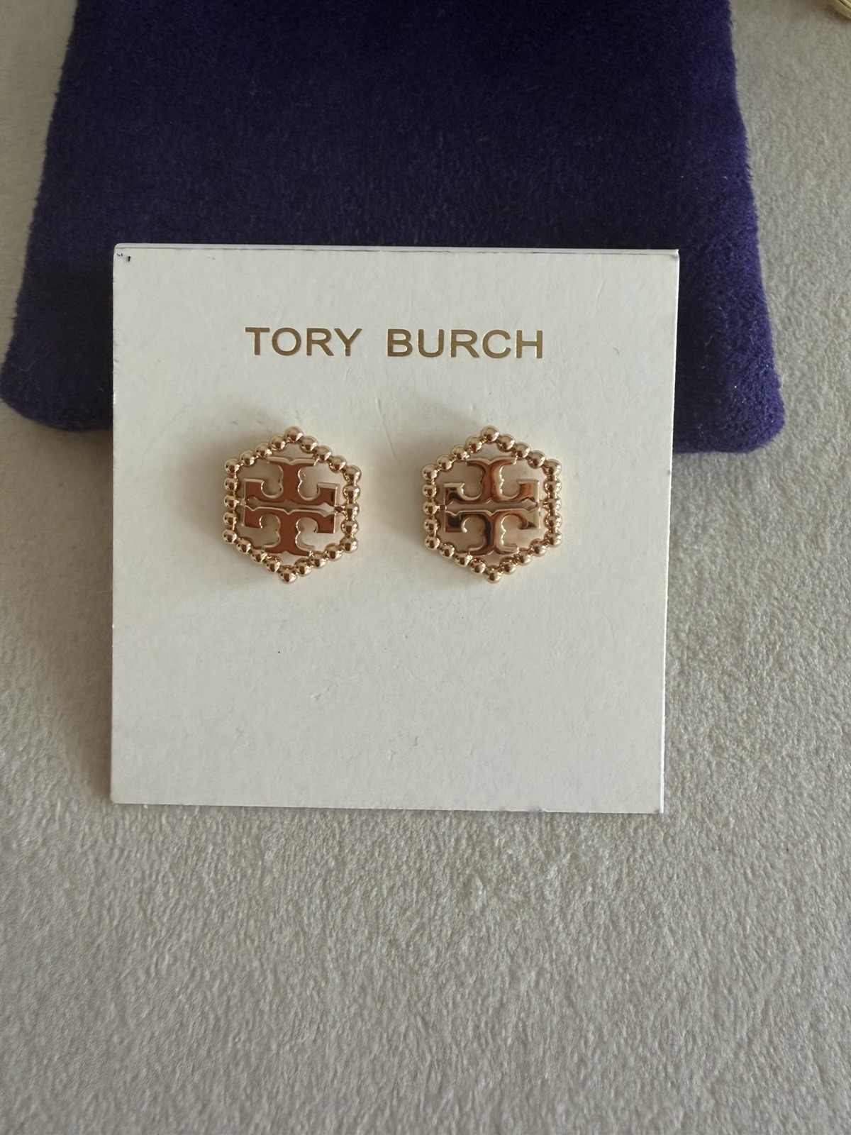 Tory Burch Stud Earrings Milgrain Hex design Gold Tone