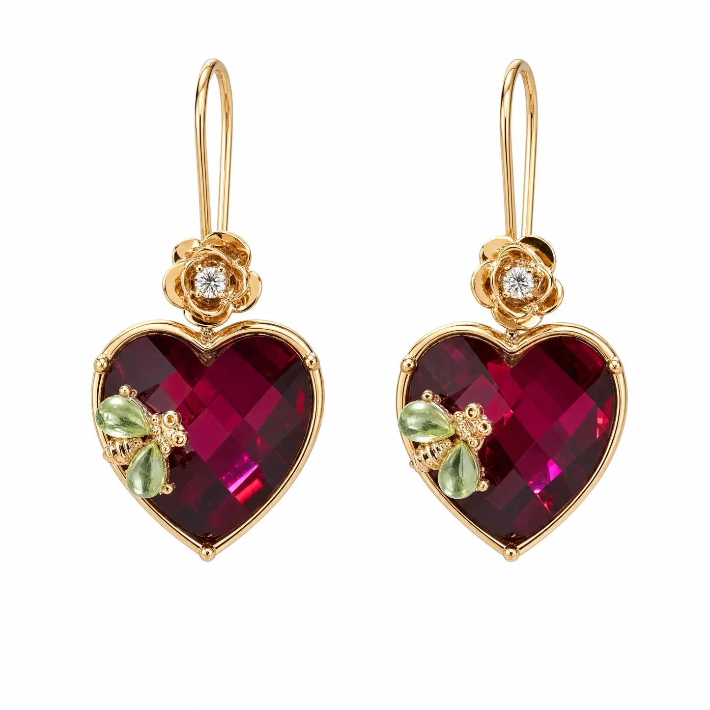 Red Crystal Heart Dangle Earrings Gold Tone Floral Drop Earrings Women’s Gift
