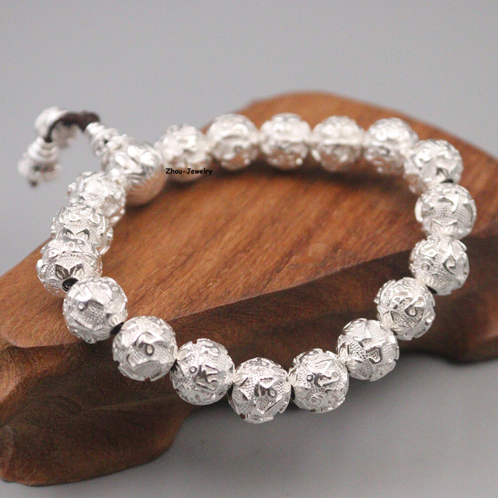 Pure S999 Fine Silver 999 Bangle 12mm Six Words Beads Link Bracelet 49-50g
