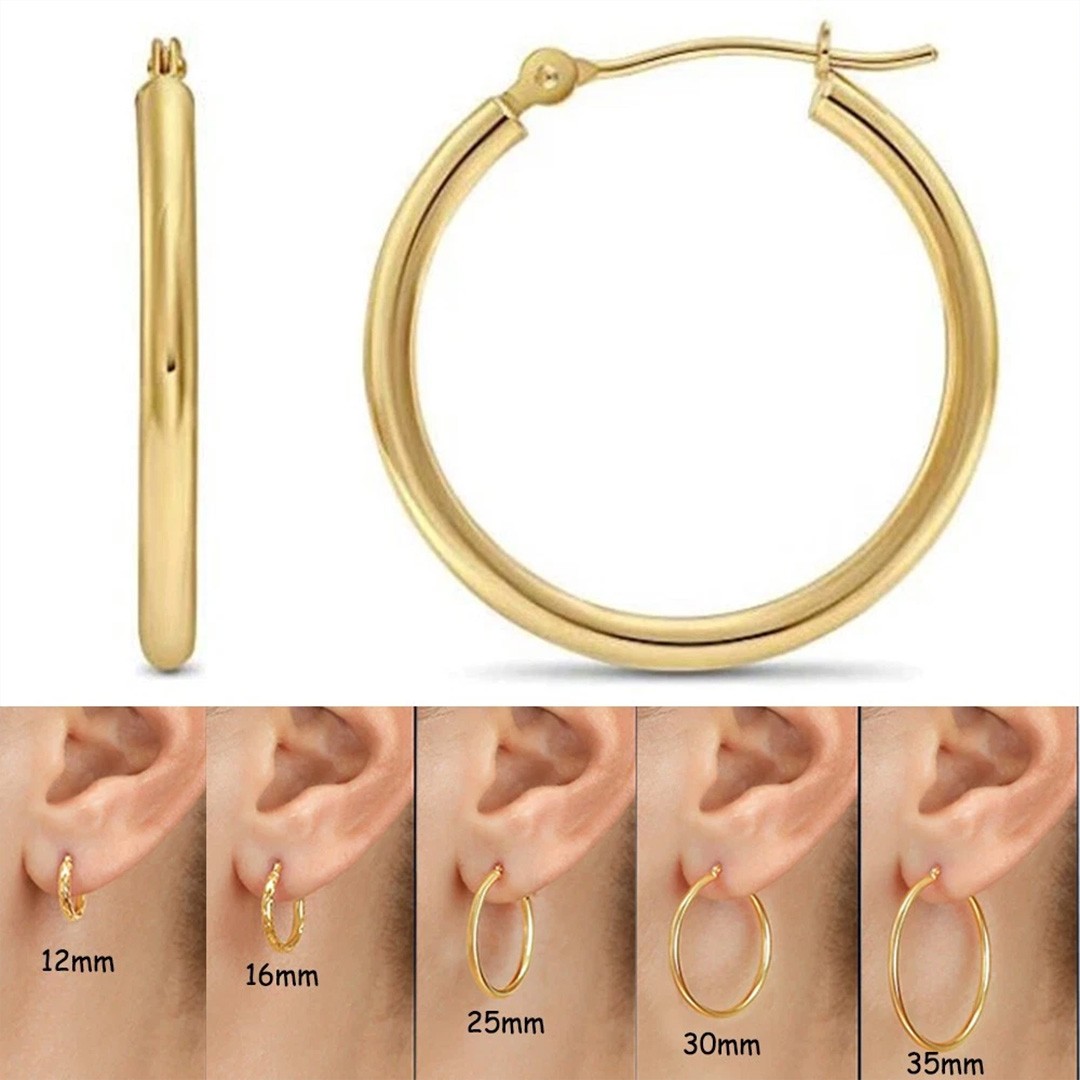 35mm 14K Real Solid Yellow Gold Shiny Polished Round Creole Hoop Earrings Gift