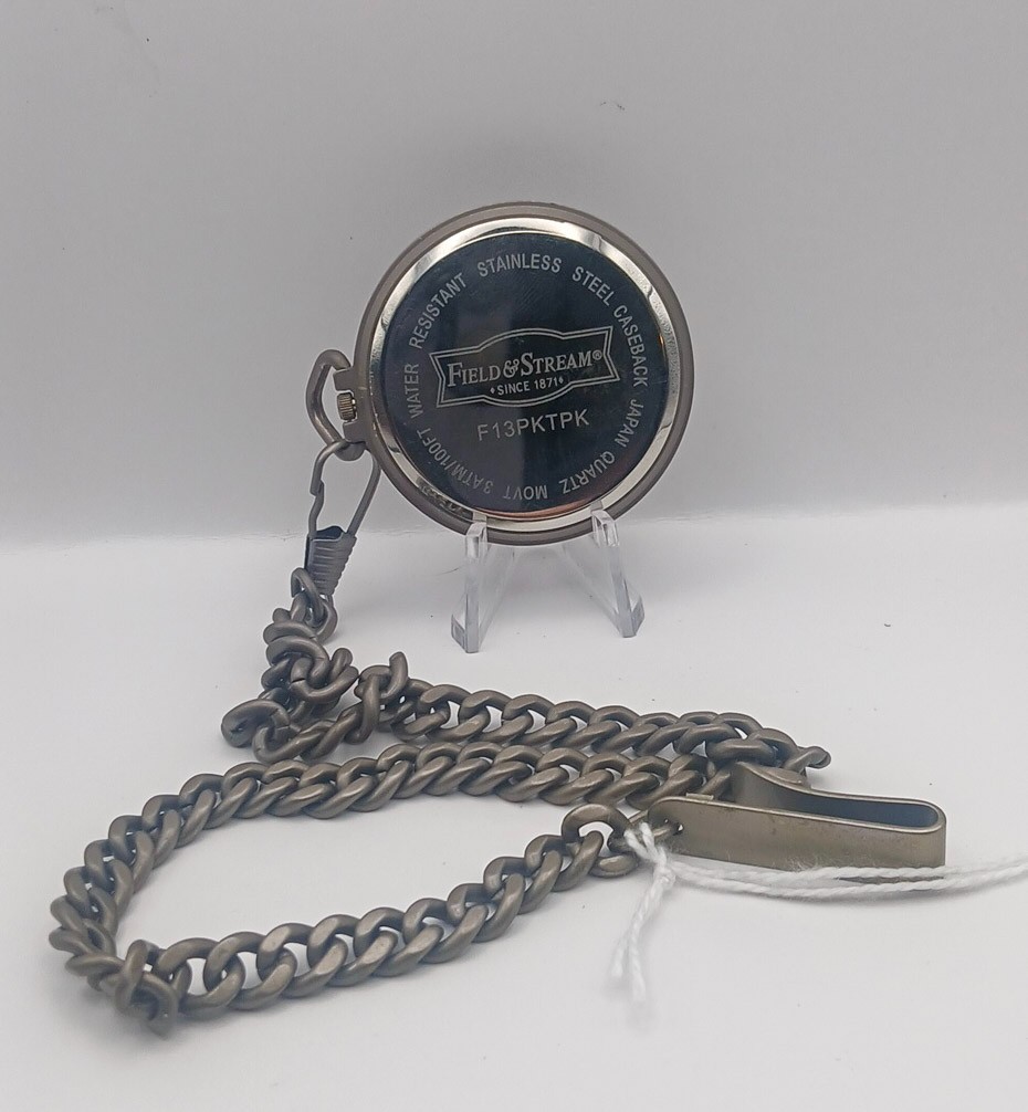 12IN, 43MM, Field & Stream Pocket Watch, Open Face Gunmetal Gray Quartz