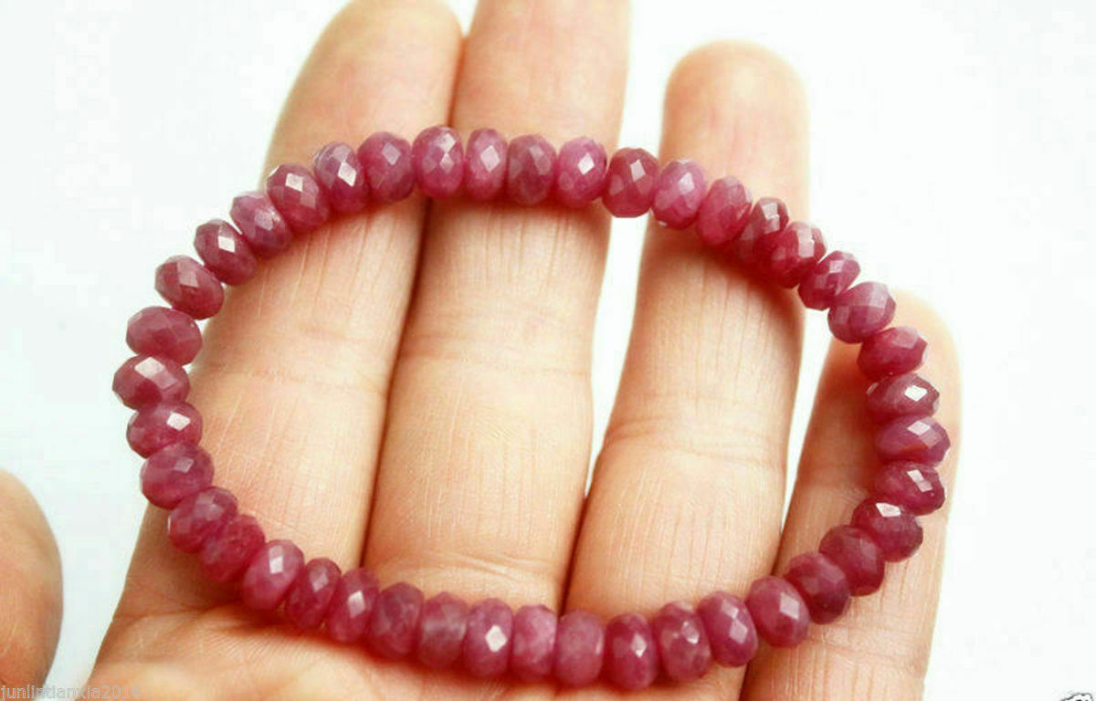 Handmade 5x8mm Faceted Natural Red Jade Gem stone rondelle Beads Bracelet 7.5”
