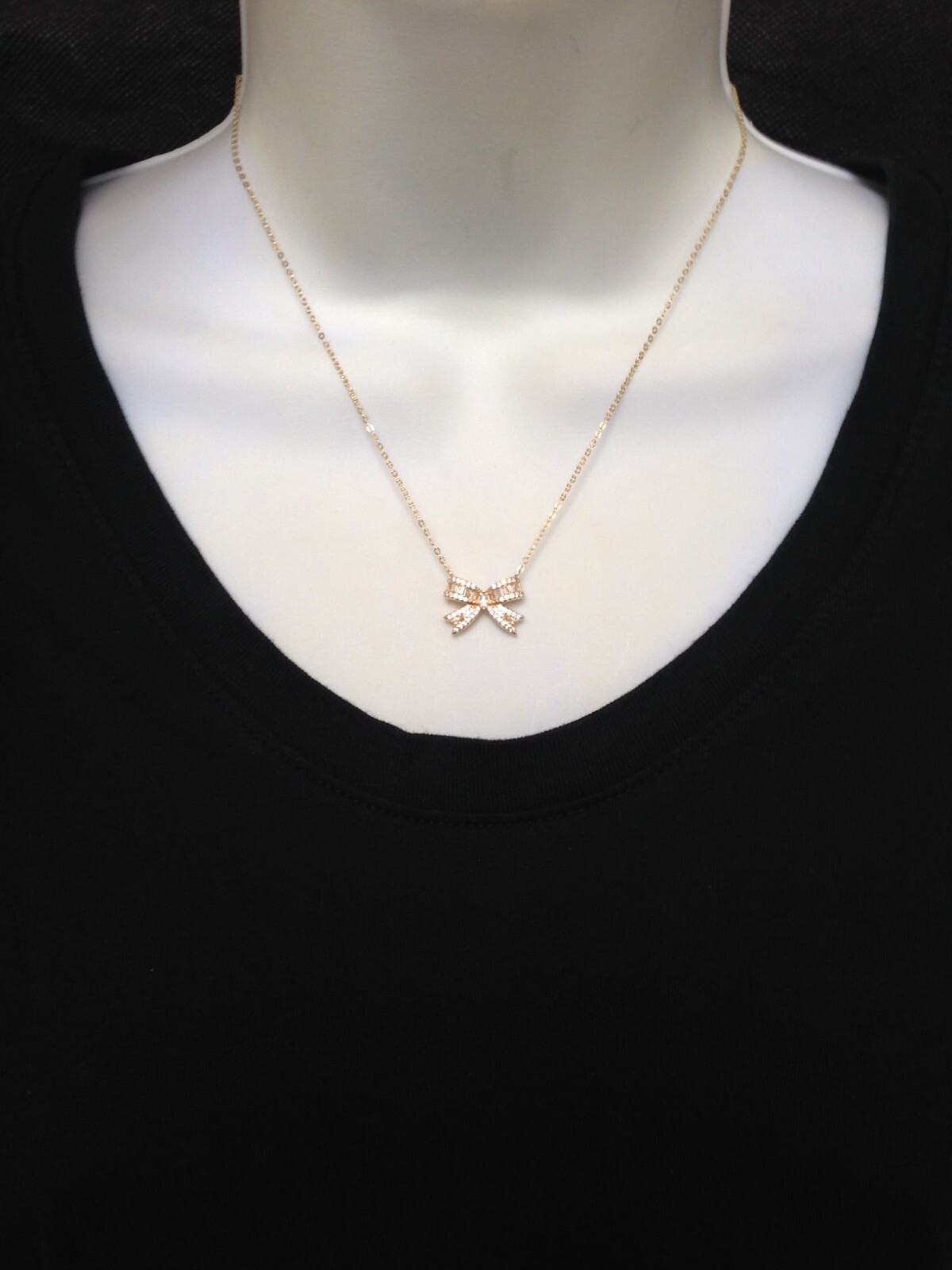 925 Sterling Silver Cz Gold Bow Pendant Necklace 15.5mm(0.61″) 15.75-17.75″