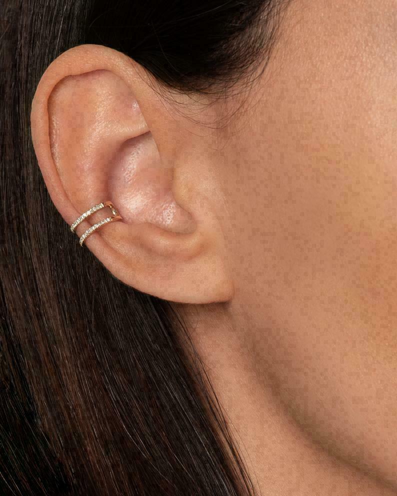 0.32Ct Round Lab-Created Diamond Ear Cuff Pierced Earring 14K Yellow Gold Finish