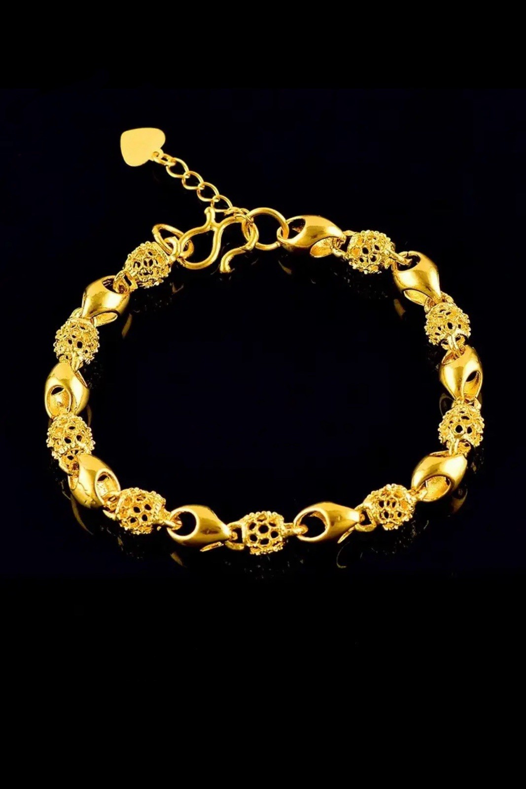 Gold Tone Openwork Sand Gold Effect Bracelet Adjustable 7-9 in Heart Charm