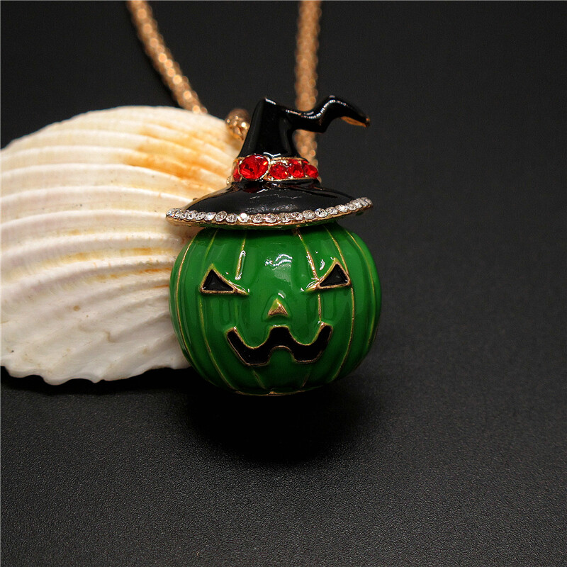New Cute Crystal Enamel Green Pumpkin Halloween Fashion Women Pendant Necklace