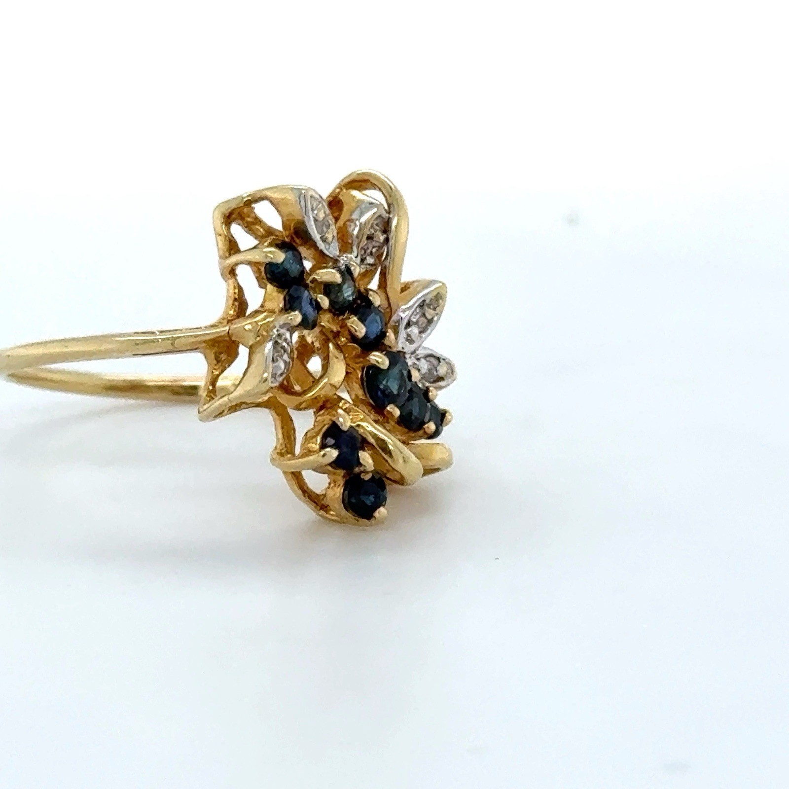 14k Yellow Gold Cocktail Cluster Ring Blue Sapphire/Diamond Floral Prong Sz 7.5