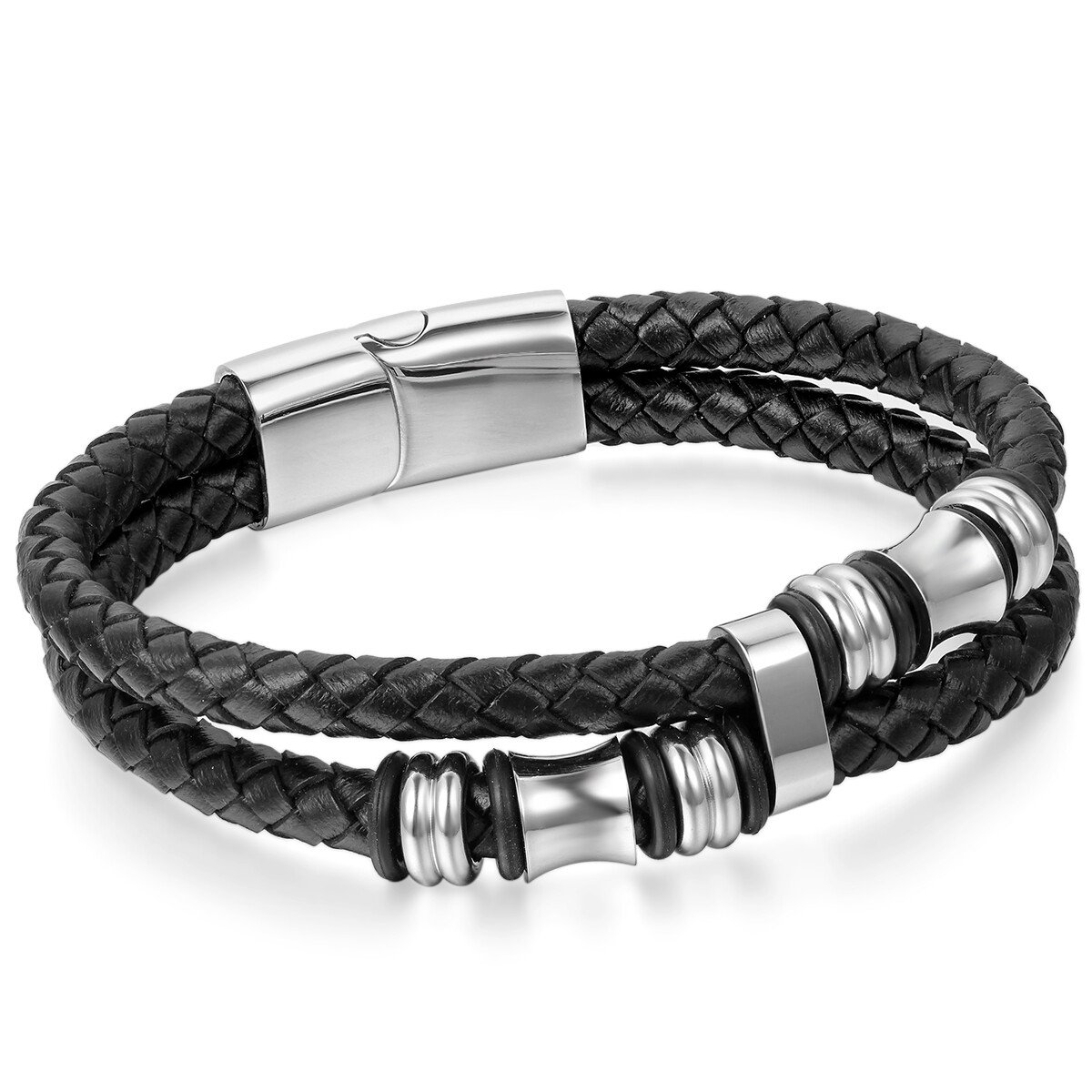 Men’s Multilayer Braided Leather Stainless Steel Magnetic Bracelet Bangle Cuff