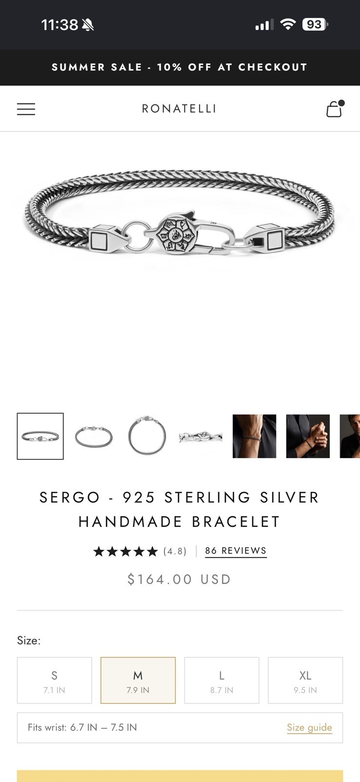 Ronatelli – SERGO – 925 STERLING SILVER HANDMADE BRACELET. 7.9 Inch. Brand new