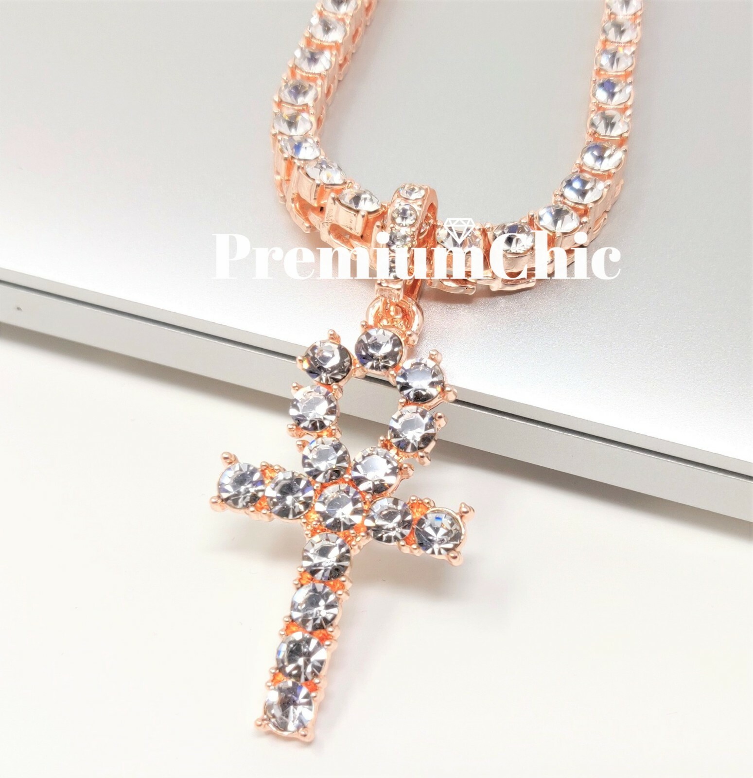 ANKH Cross Pendant with CZ Tennis Chain Hip Hop ICED Necklace Rose Gold Plated
