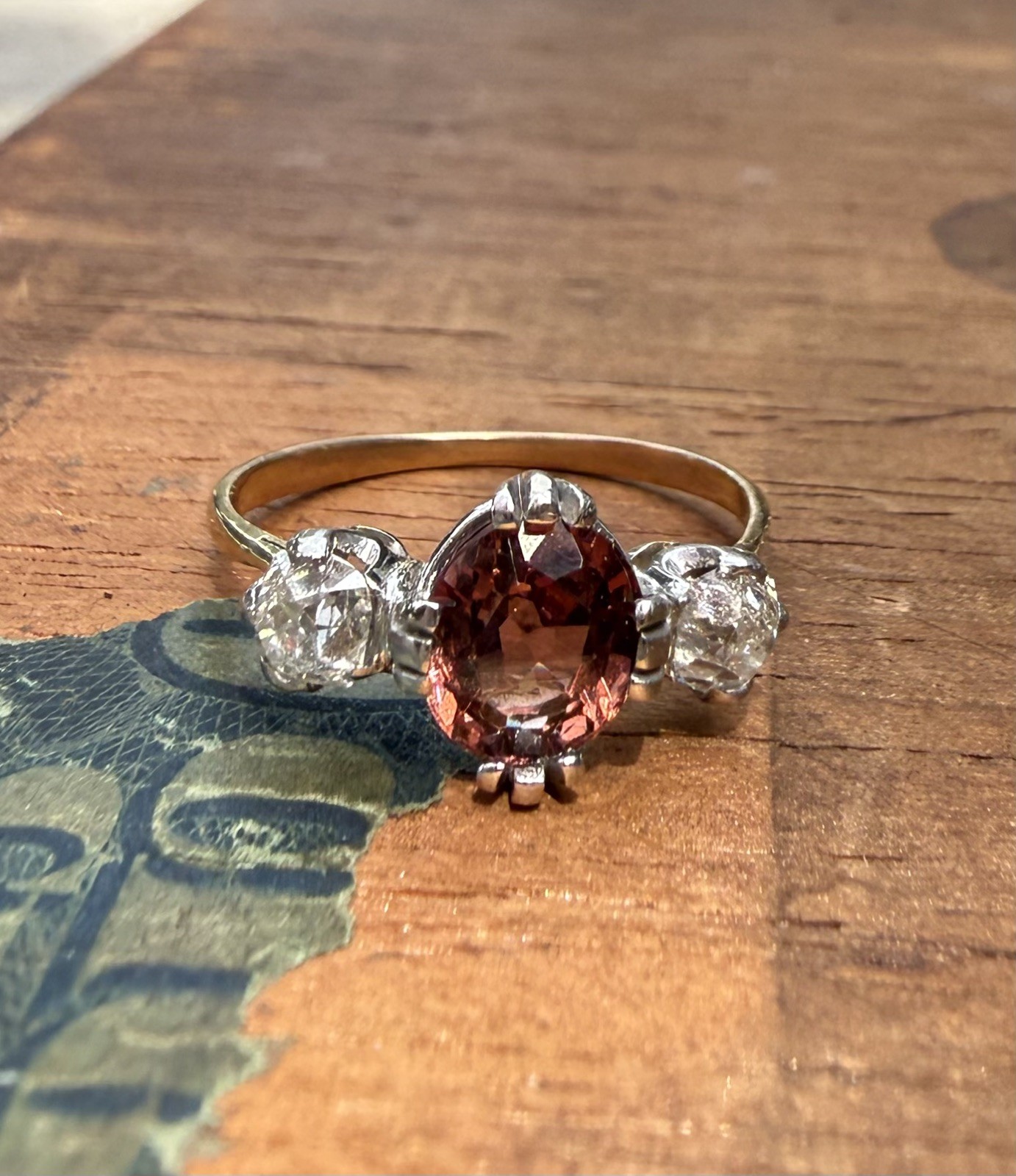 Victorian Trilogy Ring in 18KYellow & White Gold, Spinel 1Ct & 2 (22.5pt) diamon