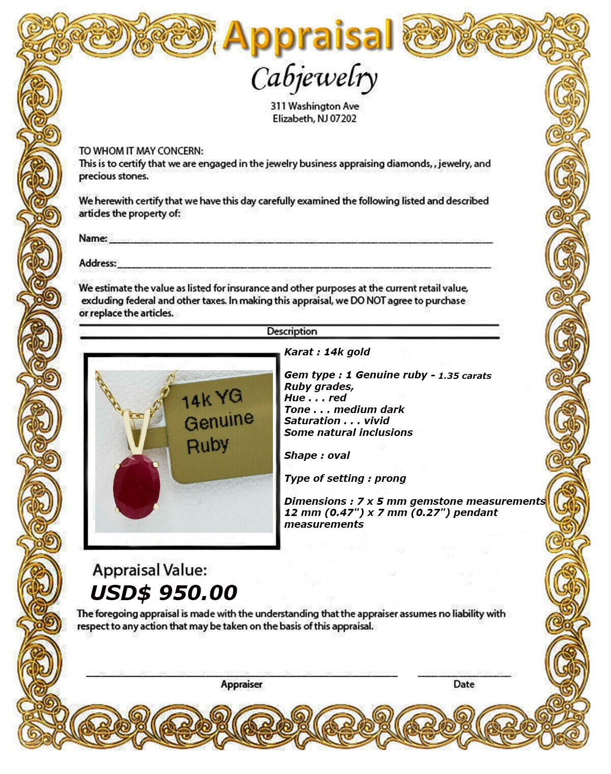 GENUINE 1.35 Cts RUBY PENDANT 14k YELLOW GOLD – Free Appraisal Service – NWT