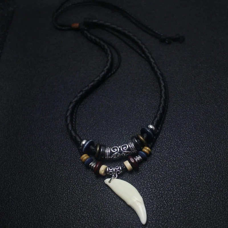 Vintage Men’s Wolf Tooth Pendant Necklace – Leather Beaded Woven Prayer Jewelry